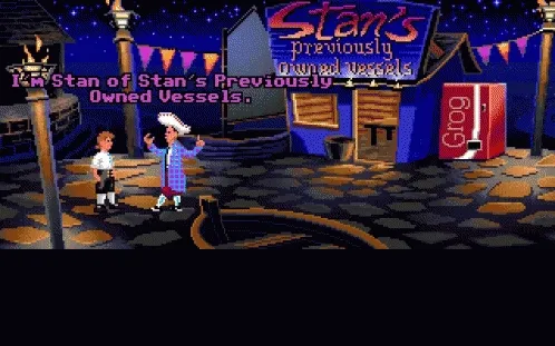 Escena animada de The Secret of Monkey Island: Stan, el vendedor de barcos usados, gesticula ante Guybrush