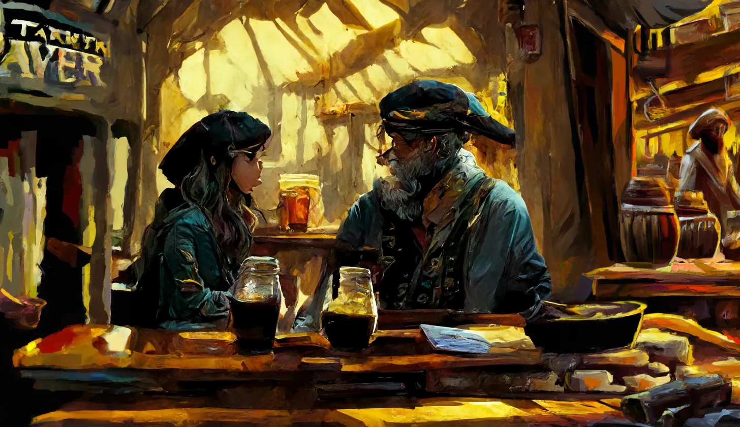 Pintura de una pirata y un viejo marinero conversando con jarras de grog en la barra de una taberna