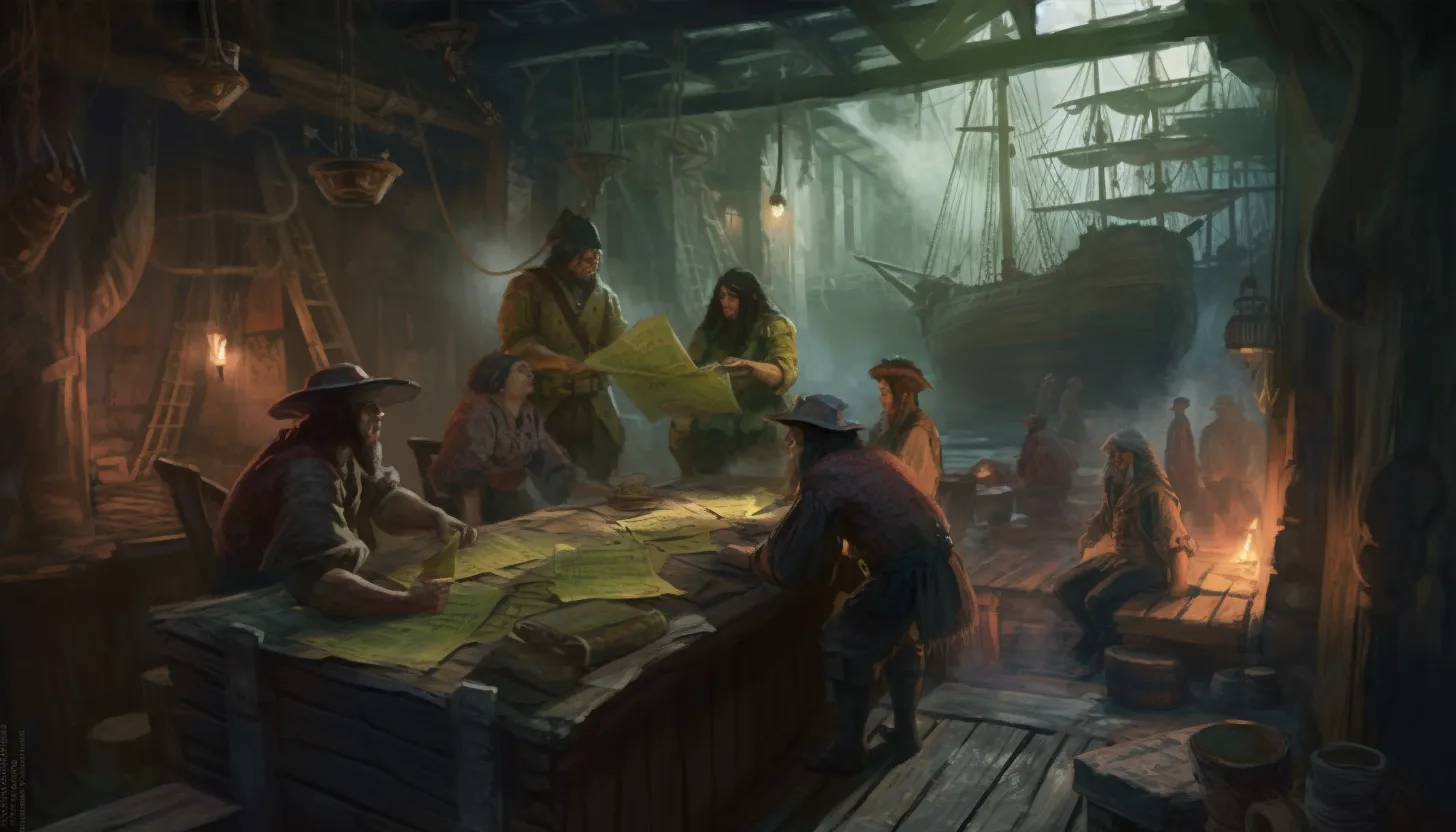 Tripulación pirata reunida en torno a una mesa llena de mapas en un astillero, con un galeón al fondo