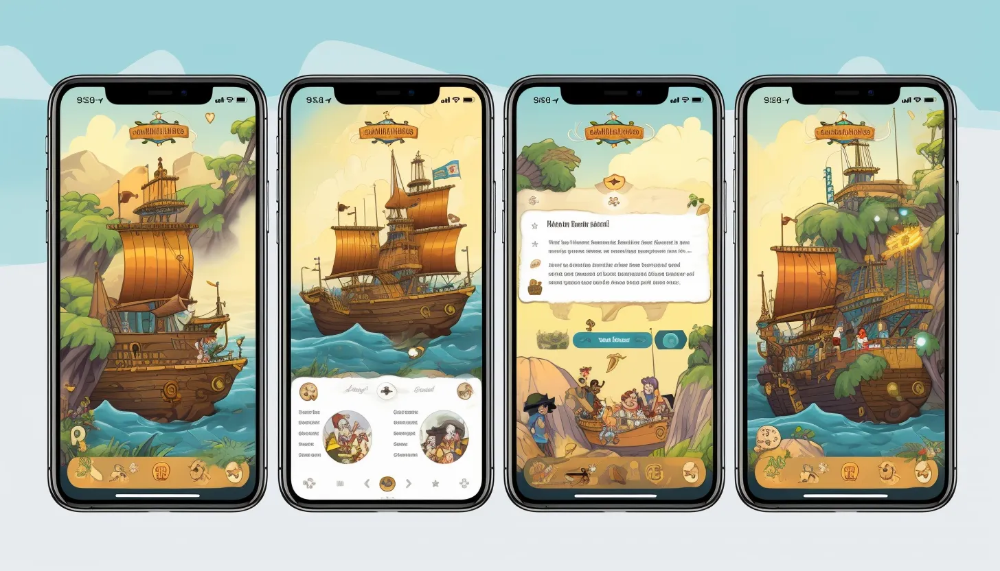 Cuatro pantallas de móvil del juego ficticio Piratas del Código, con barcos piratas e islas