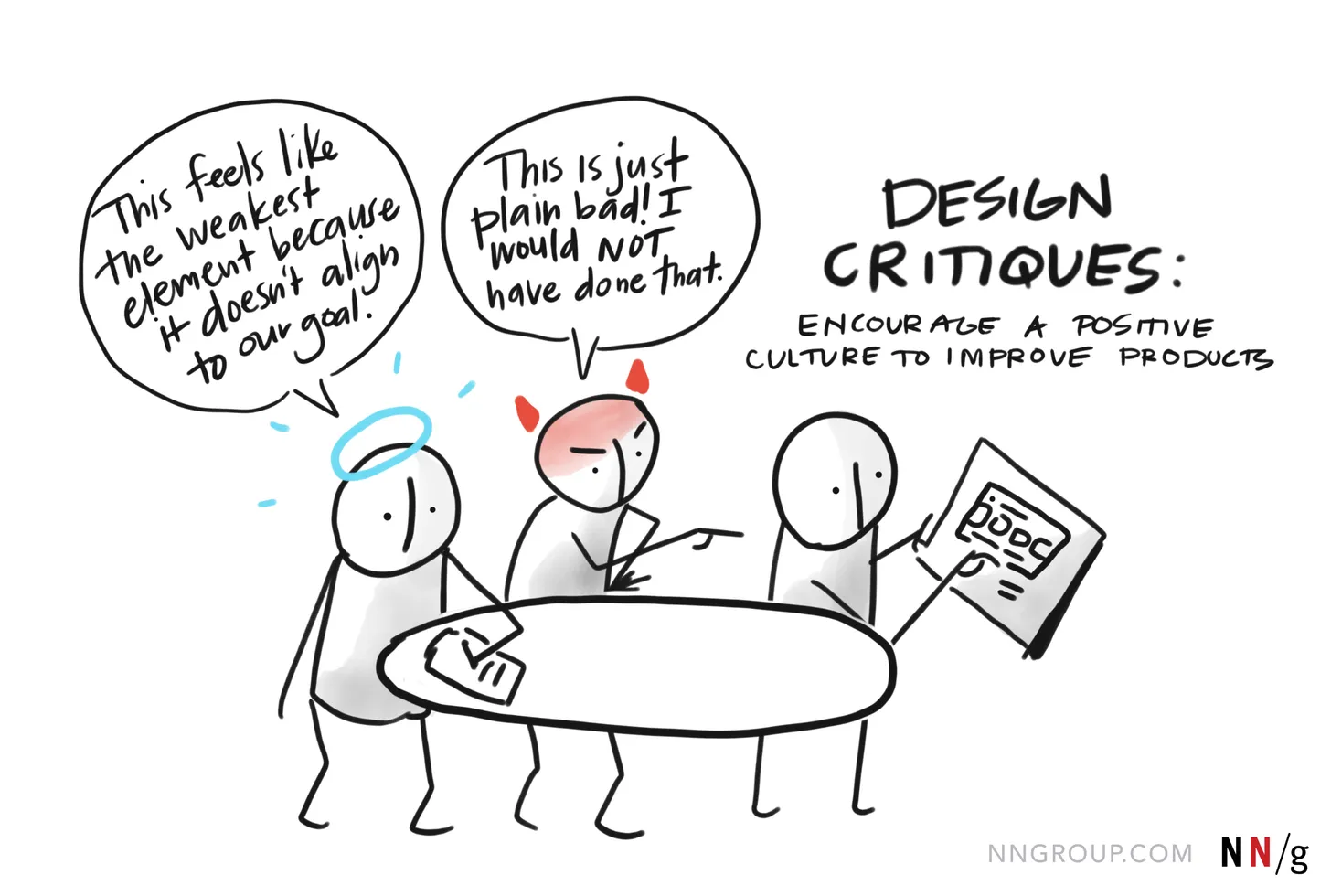 Viñeta de NN/g sobre design critiques: una crítica razonada frente a un «esto está mal» sin argumentos
