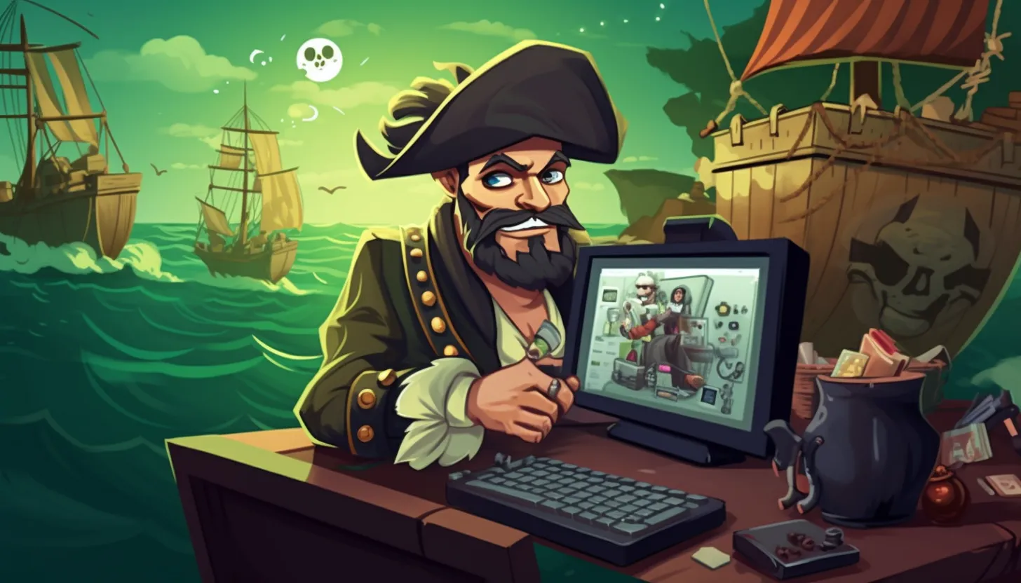 Capitán pirata de dibujos animados ante un ordenador en su escritorio, con barcos navegando al fondo