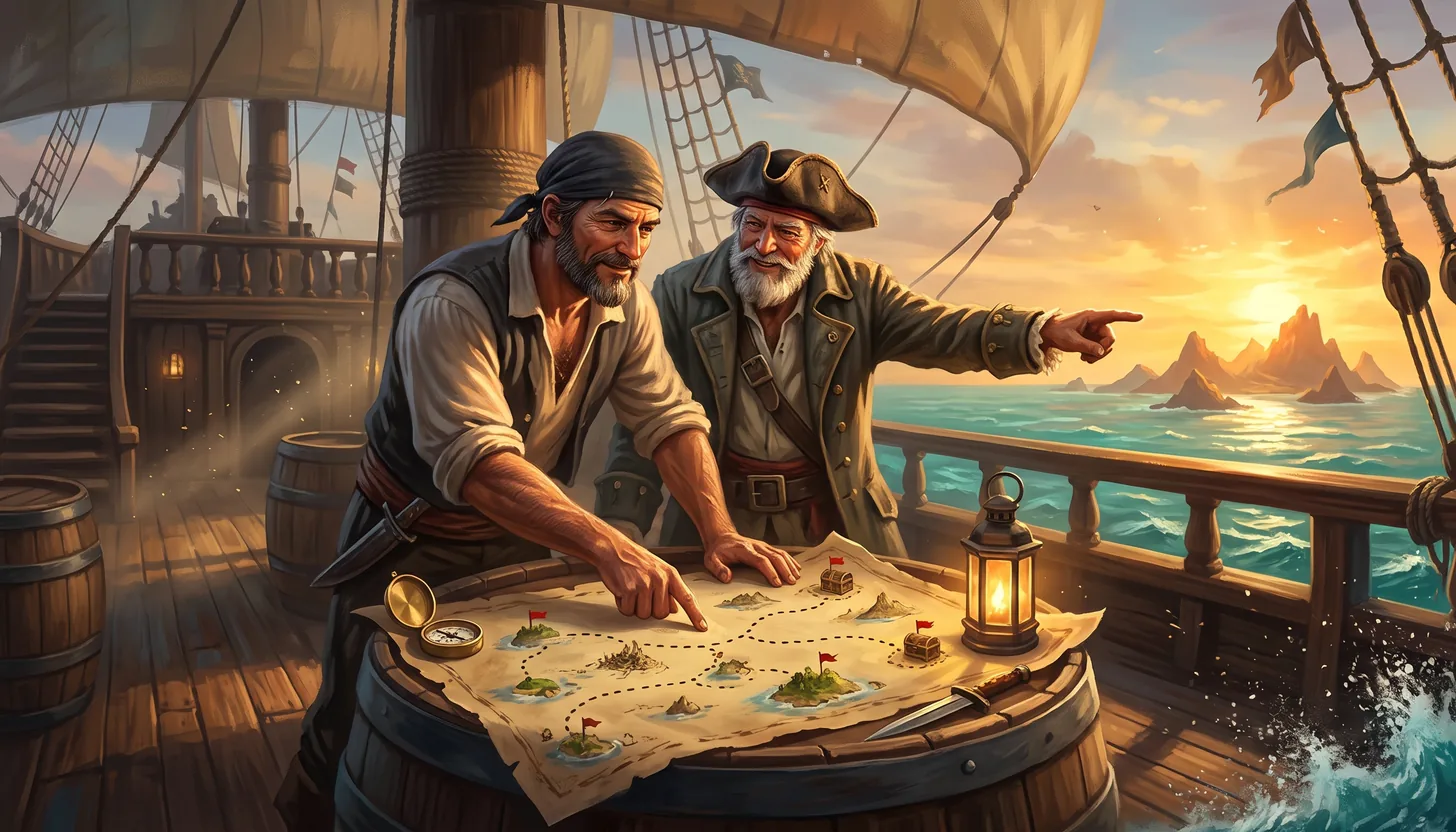 Un marinero curtido y el capitán del barco, en cubierta al atardecer, revisan una carta con una ruta punteada de isla en isla hasta dos cofres, mientras el capitán señala las islas del horizonte