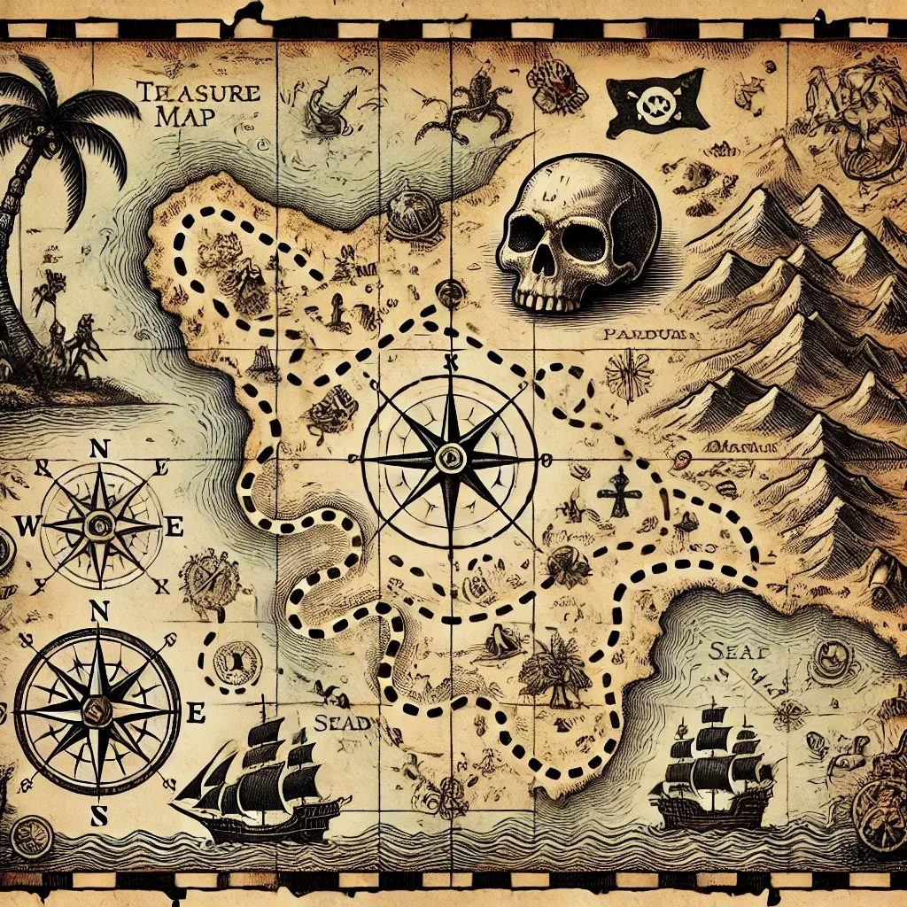 Mapa del tesoro envejecido con una ruta punteada entre montañas, una calavera, rosas de los vientos y dos galeones