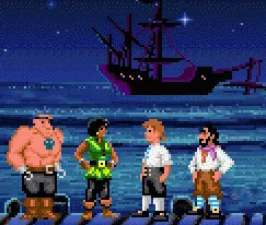 Escena de The Secret of Monkey Island: Guybrush y su tripulación en el muelle, de noche, con el barco al fondo