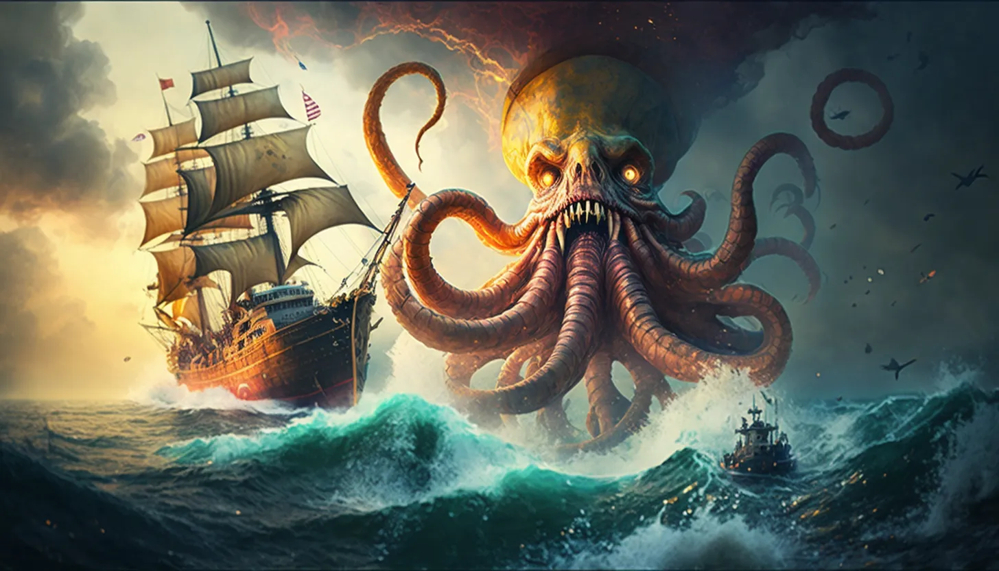 Un kraken gigante de ojos brillantes emerge del mar embravecido junto a un galeón y una pequeña barca